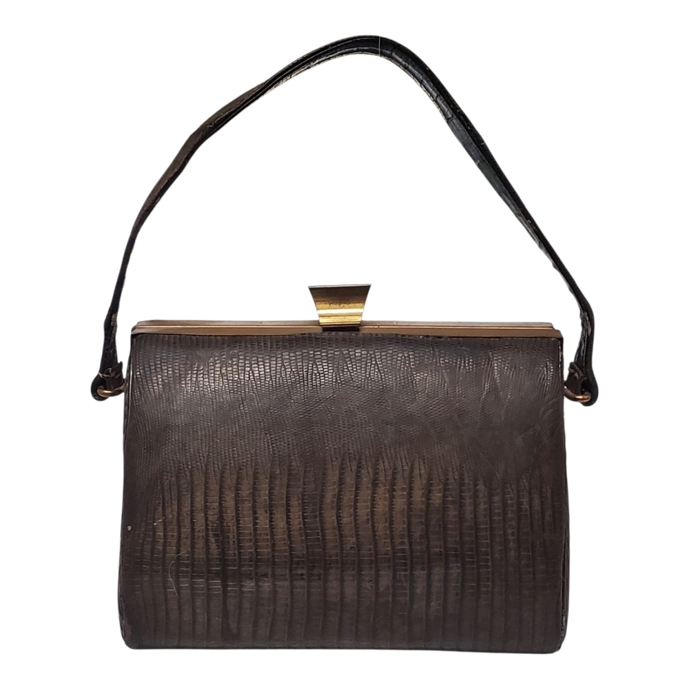 Vintage Calif. Alligator Co. Genuine Lizard Handbag – Brown Structured Trapezoid